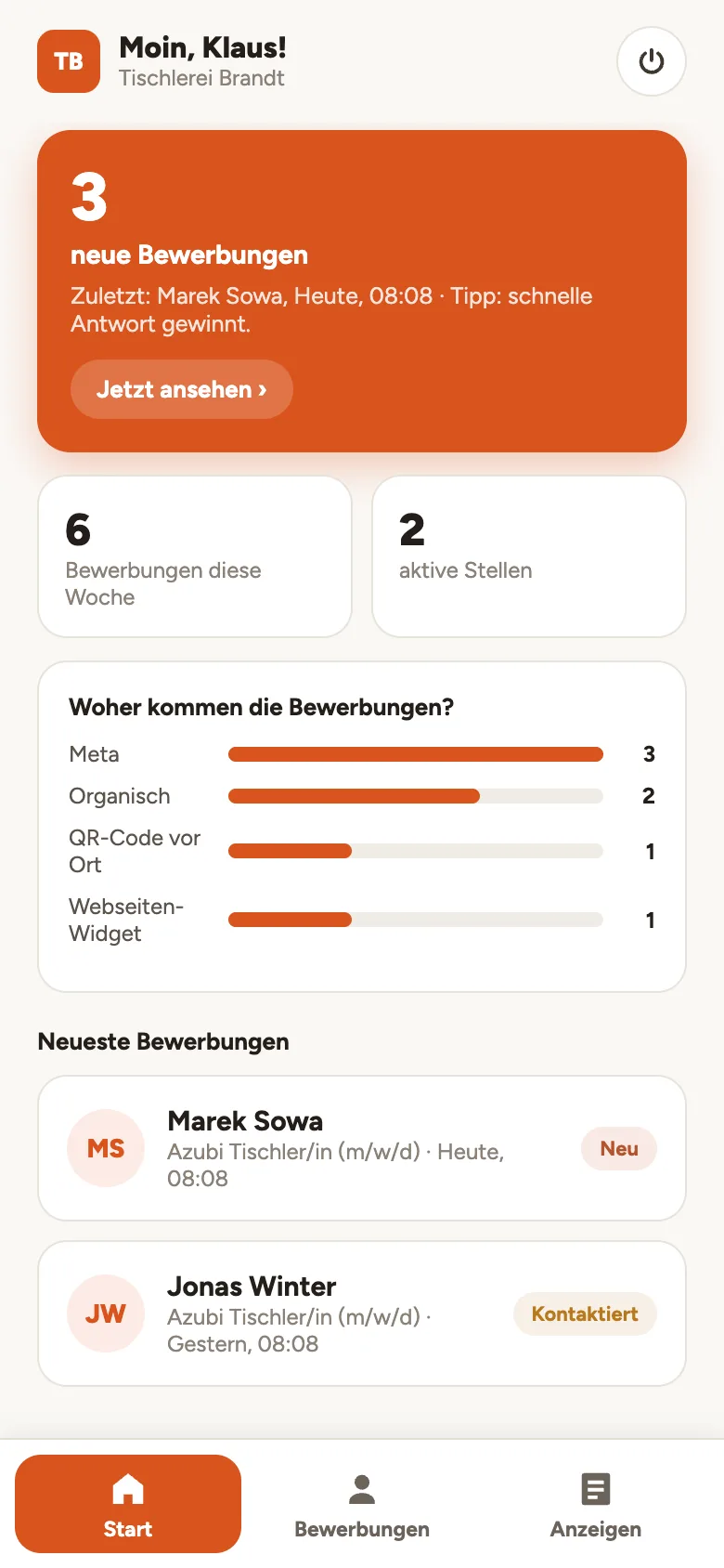 Betriebs-App zeigt drei neue Bewerbungen und woher sie kommen